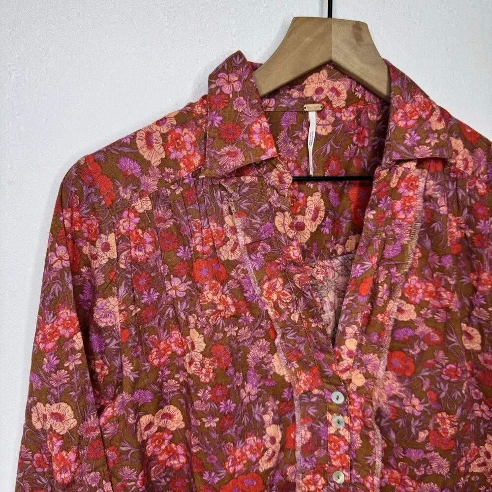 Free People Wild Gardenia Blouse XS Earth Combo Button Up Floral Retail $138